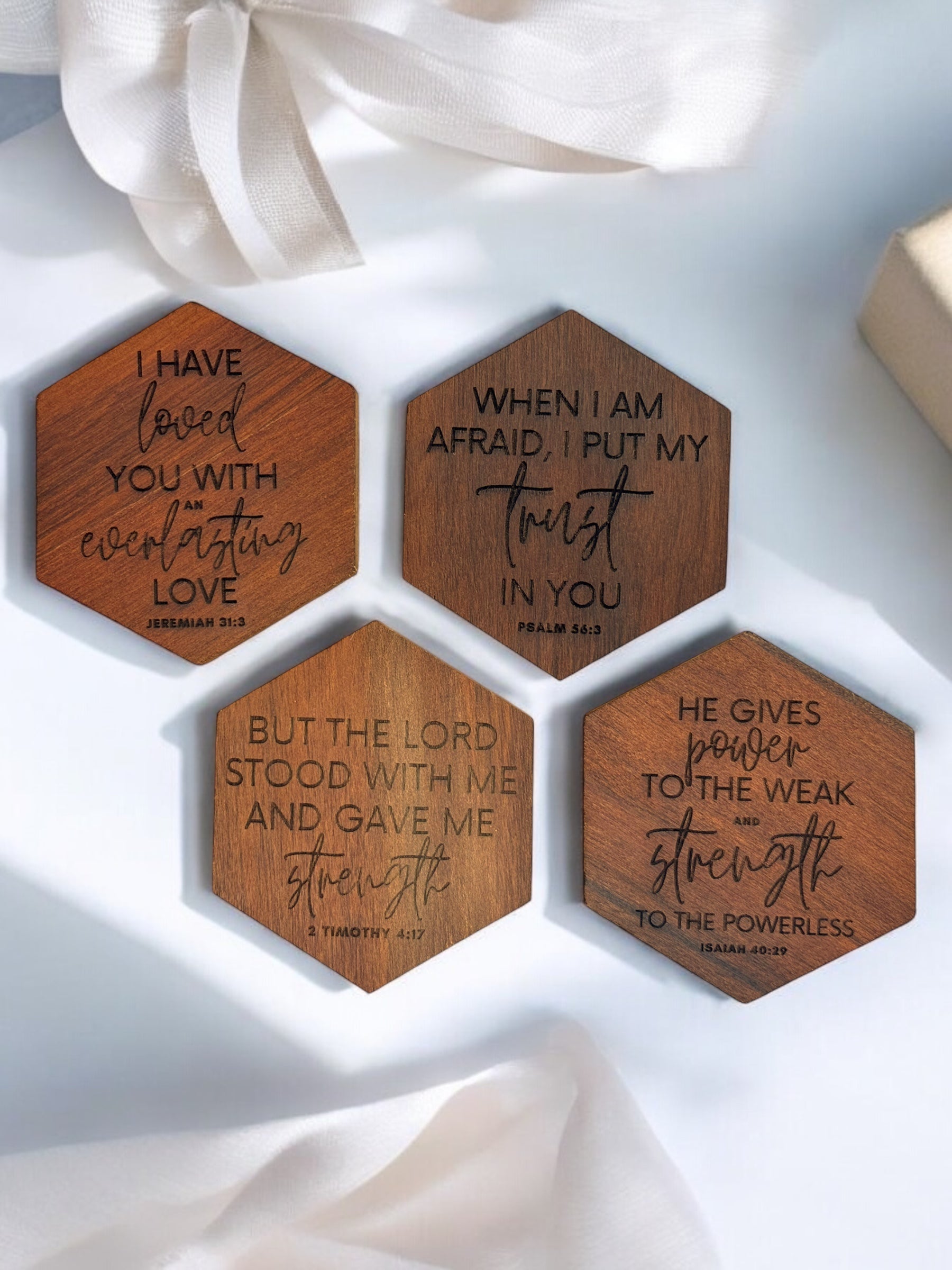 Bible Verse Personalized Hexagon Acacia Coasters - Set of 4